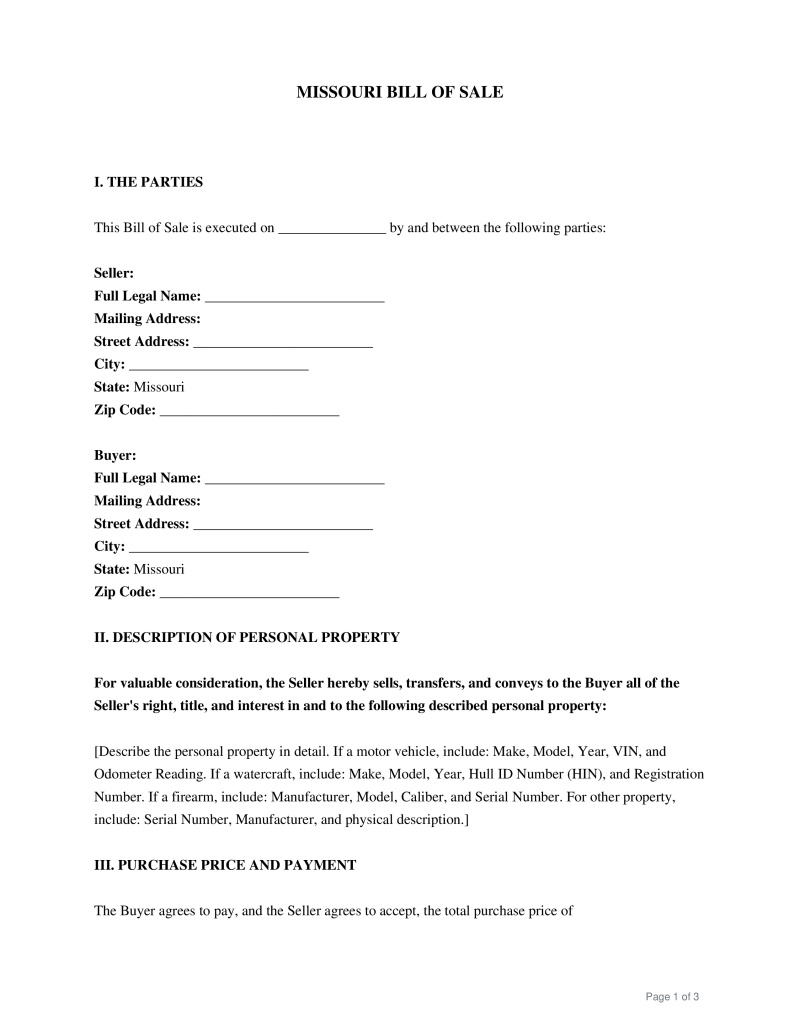 Missouri Bill of Sale Preview
