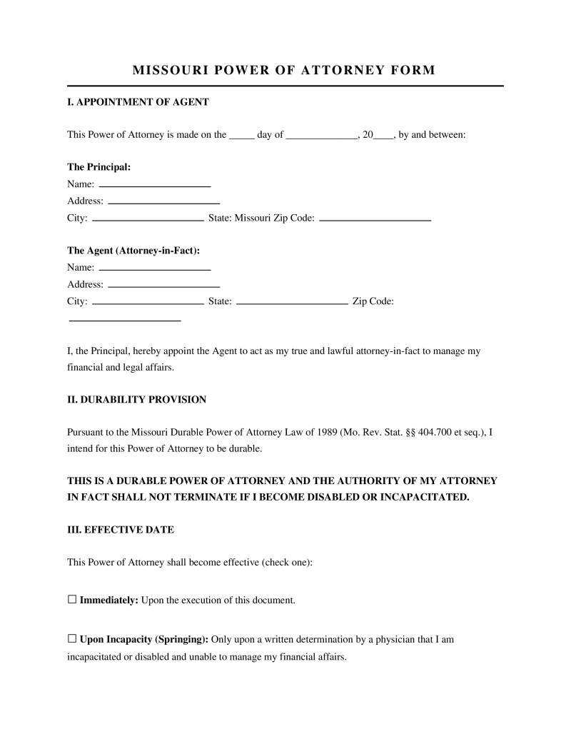 Missouri Power of Attorney Form Preview
