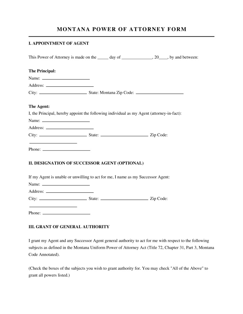 Montana Power of Attorney Form Preview