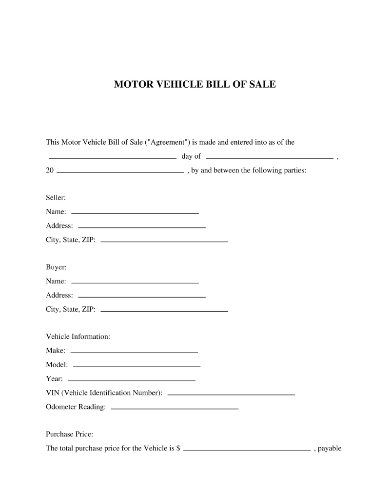 Motor Vehicle Bill of Sale Preview