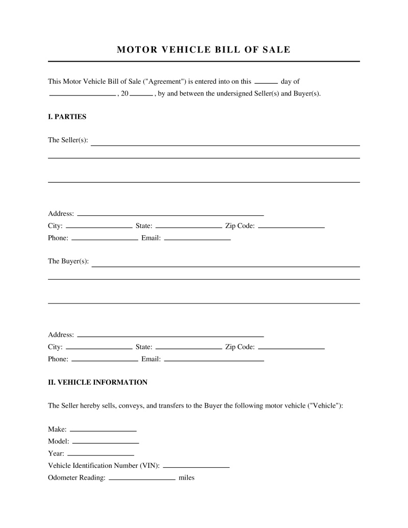 Motor Vehicle Bill of Sale