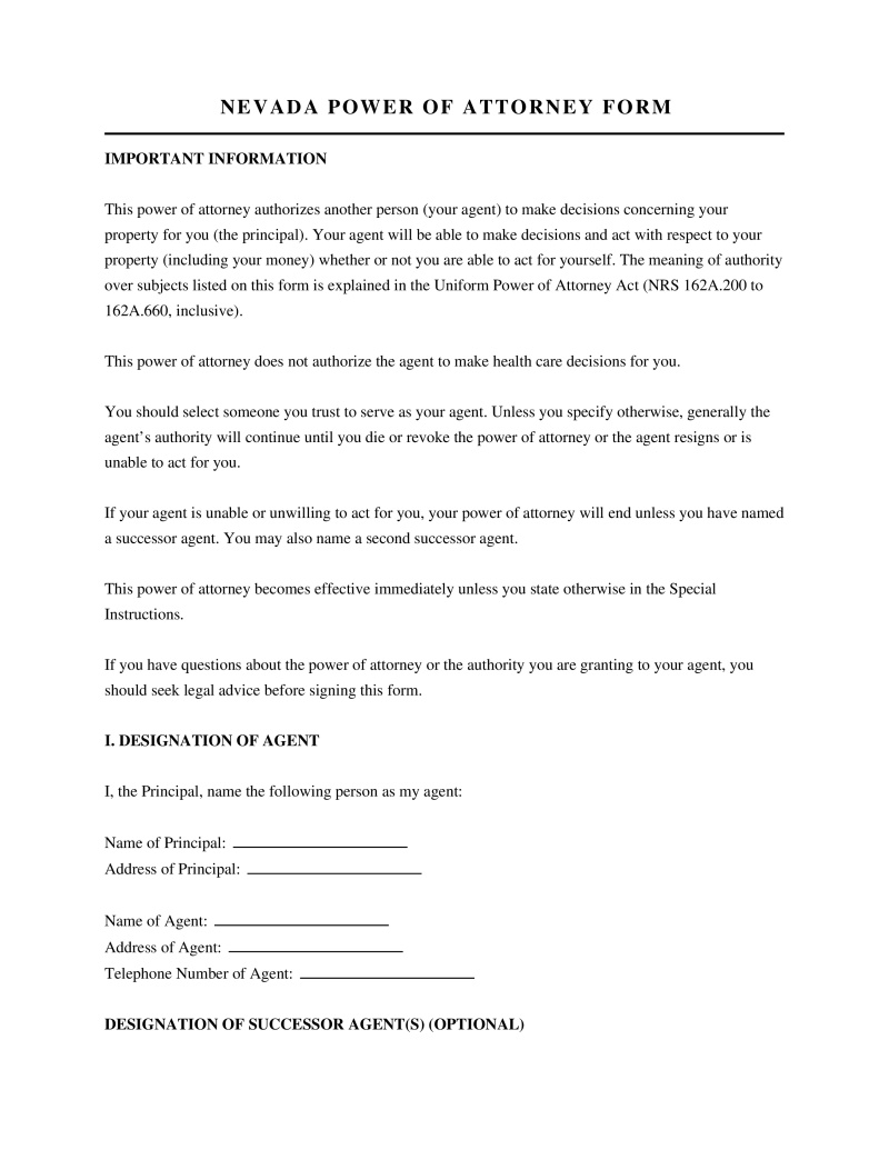 Nevada Power of Attorney Form Preview
