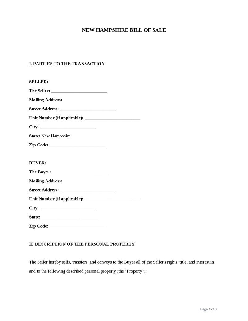 New Hampshire Bill of Sale Preview