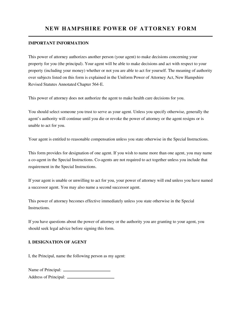 New Hampshire Power of Attorney Form Preview