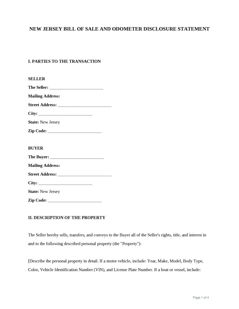 New Jersey Bill of Sale Preview