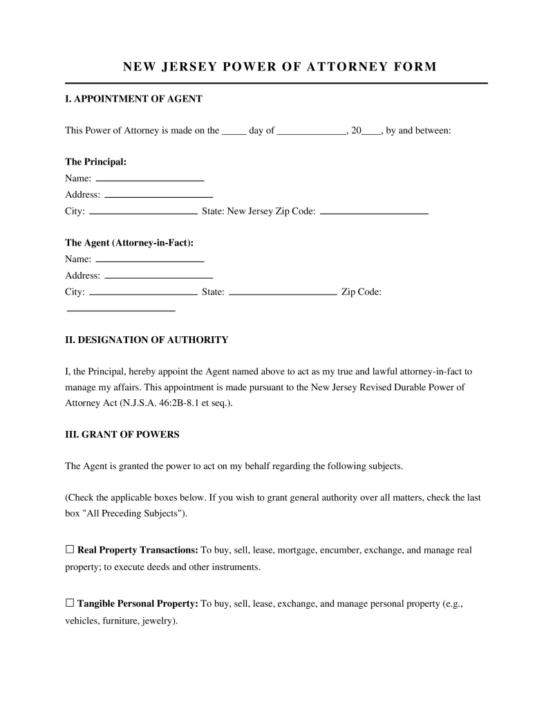 New Jersey Power of Attorney Form Preview