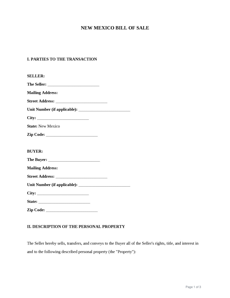 New Mexico Bill of Sale Preview