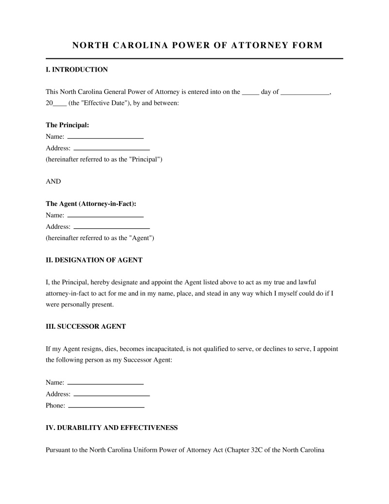 North Carolina Power of Attorney Form