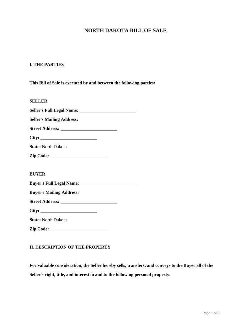 North Dakota Bill of Sale Preview