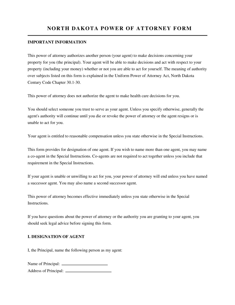 North Dakota Power of Attorney Form