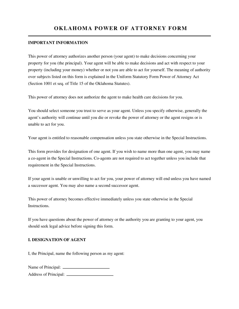 Oklahoma Power of Attorney Form Preview