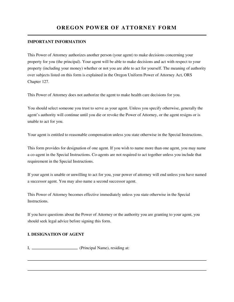 Oregon Power of Attorney Form Preview