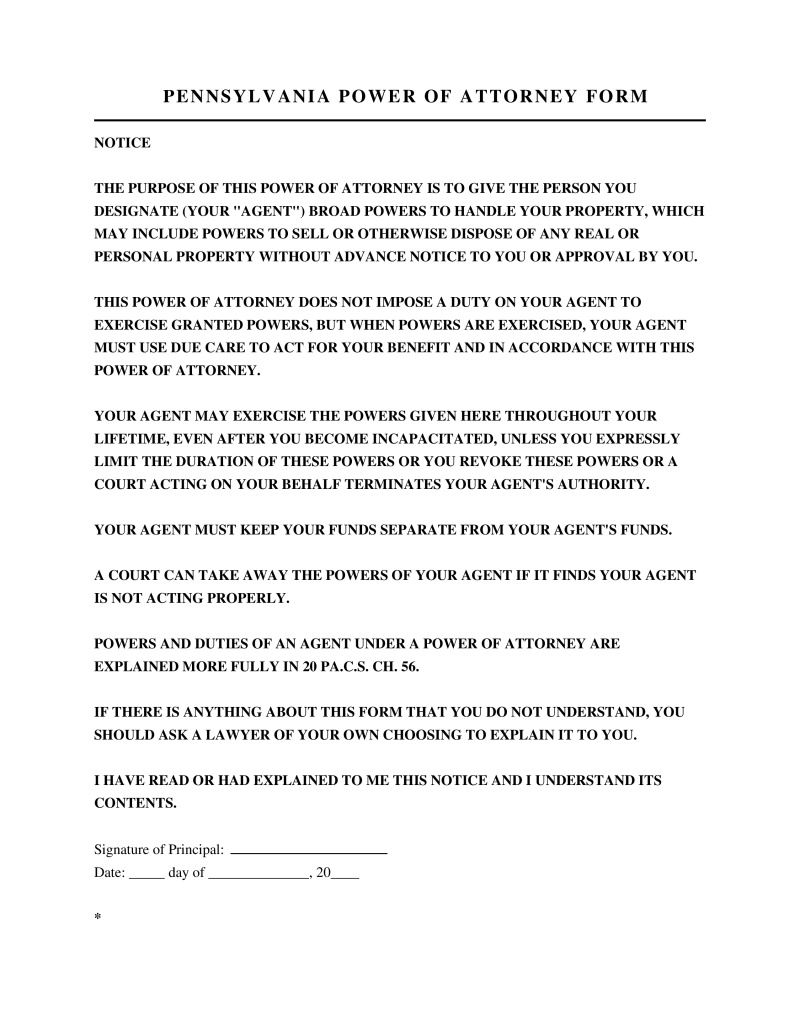 Pennsylvania Power of Attorney Form Preview