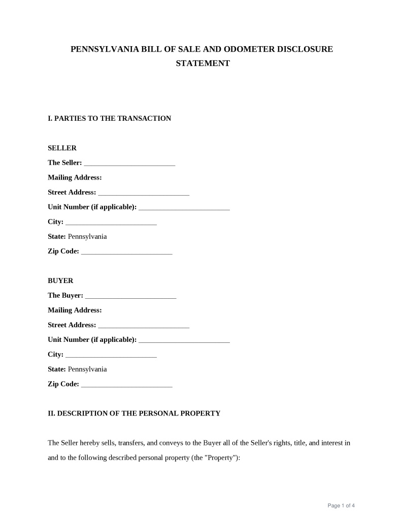 Pennsylvania Bill of Sale Preview