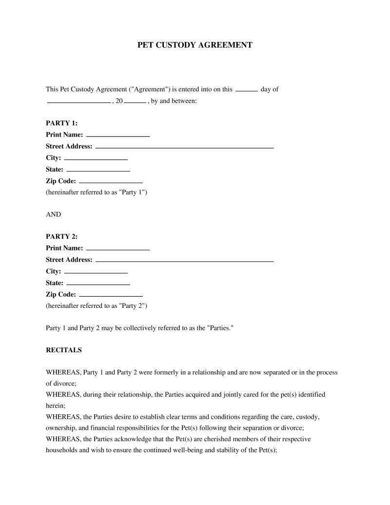 Pet Custody Agreement Template