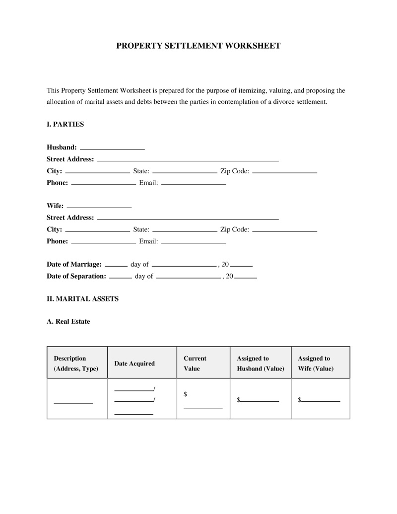 Property Settlement Worksheet Divorce Preview