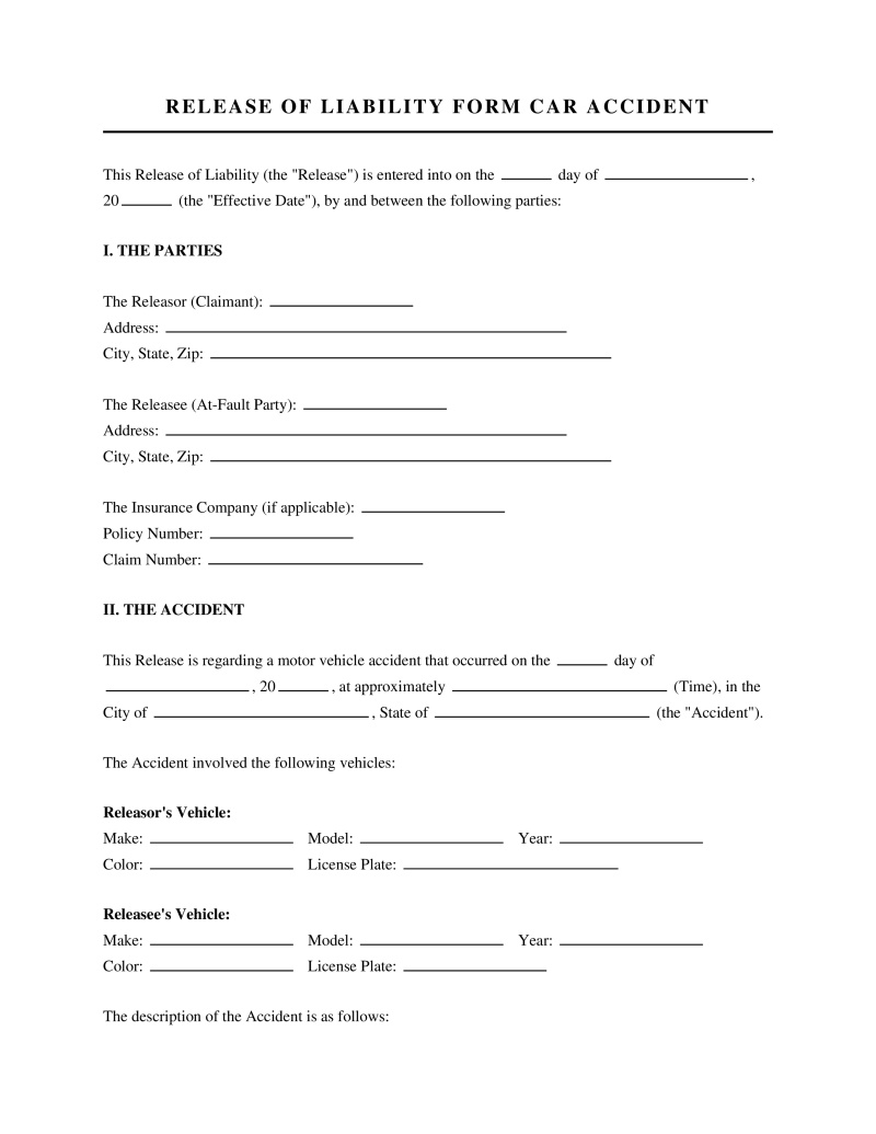 Release of Liability Form Car Accident Preview