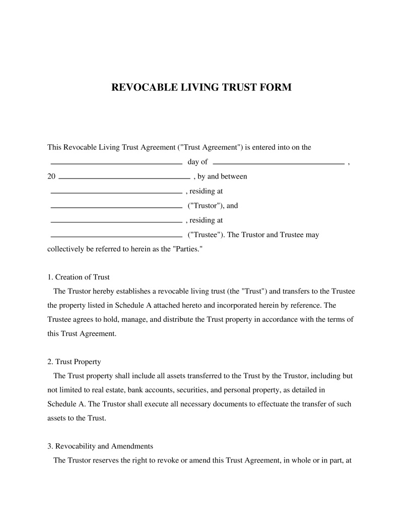 Revocable Living Trust Form Preview