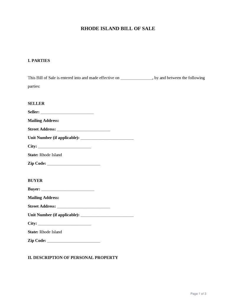 Rhode Island Bill of Sale Preview