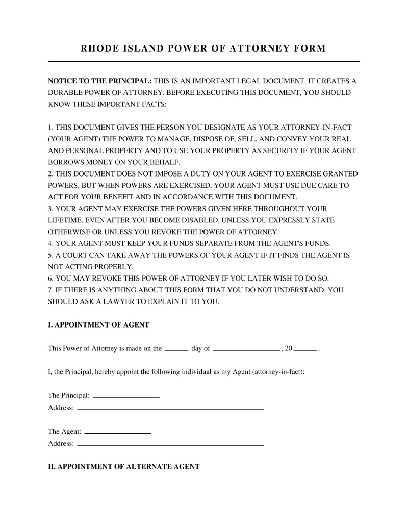 Rhode Island Power of Attorney Form Preview
