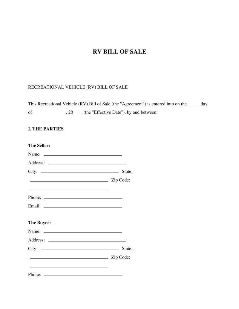 RV Bill of Sale Template Preview