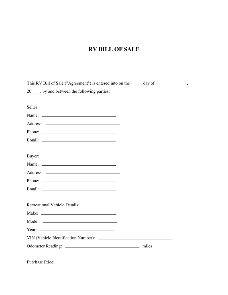 RV Bill of Sale Template Preview
