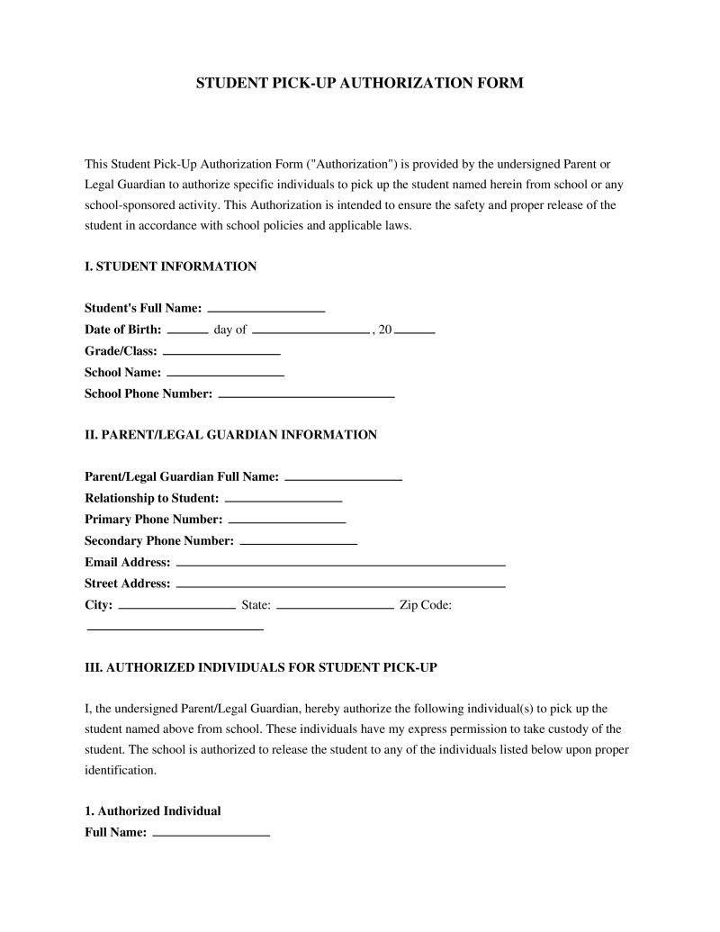 School Pickup Authorization Form Preview