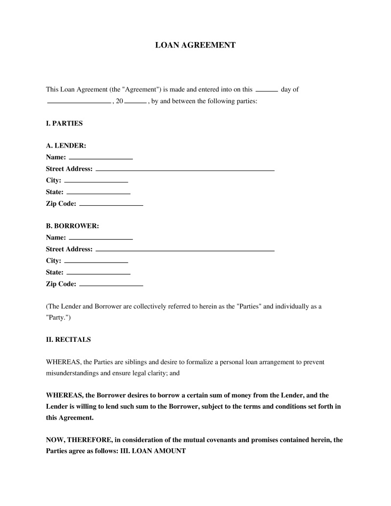 Sibling Loan Agreement Template Preview