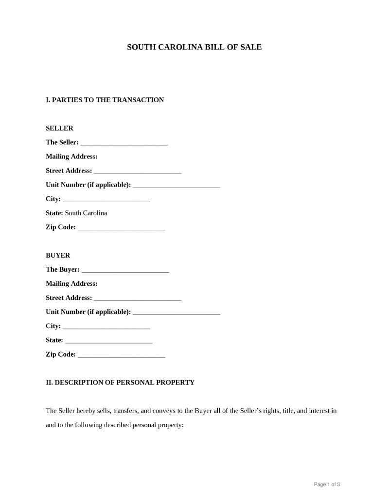 South Carolina Bill of Sale Preview