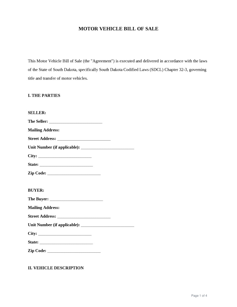 South Dakota Bill of Sale Preview