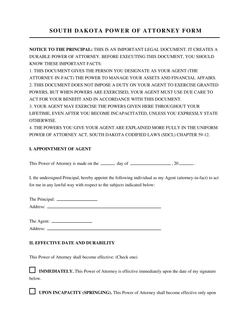 South Dakota Power of Attorney Form Preview