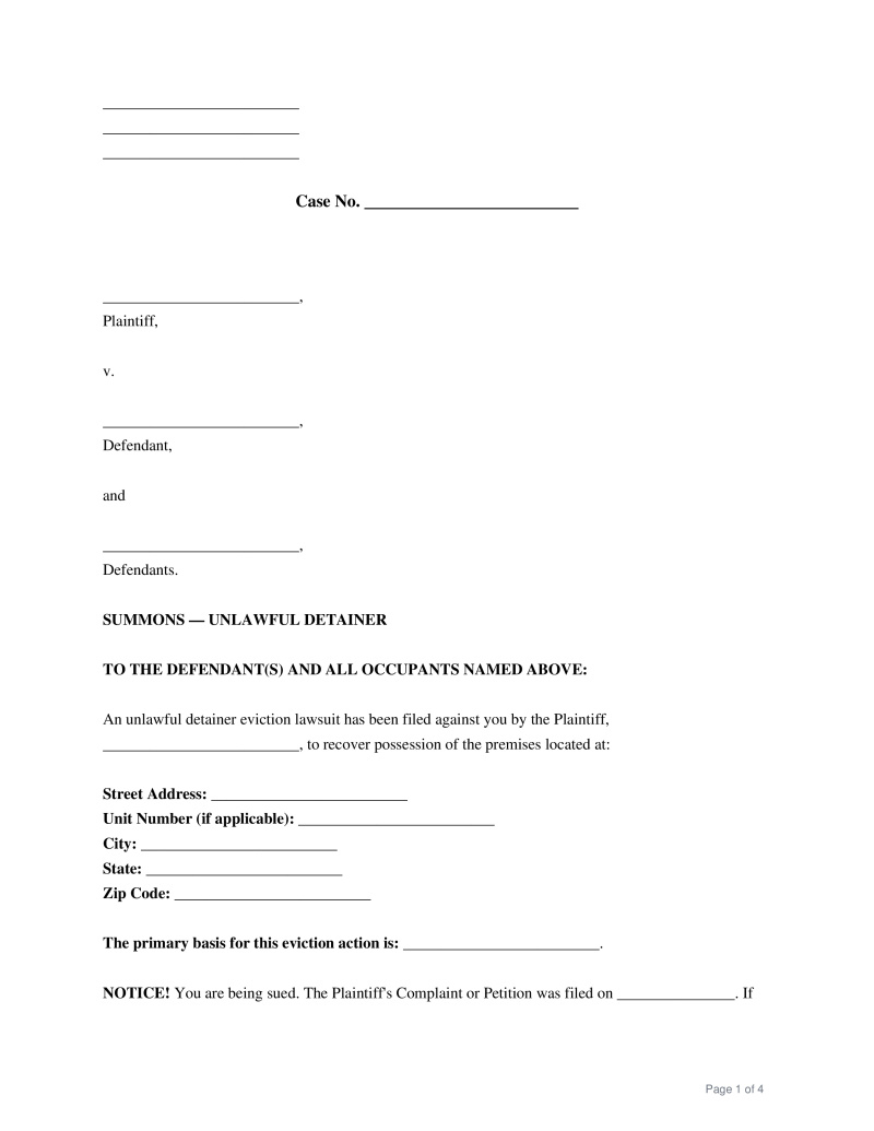 Summons for Unlawful Detainer Preview