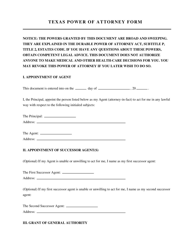 Texas Power of Attorney Form Preview