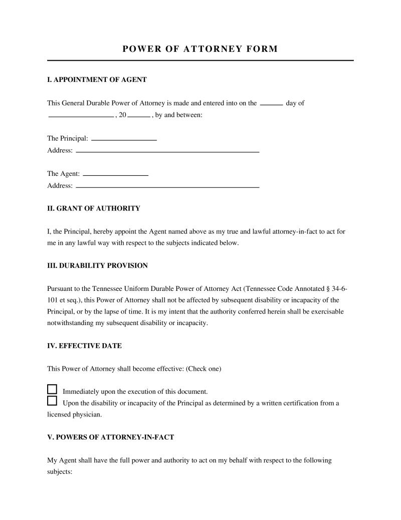 Tennessee Power of Attorney Form Preview
