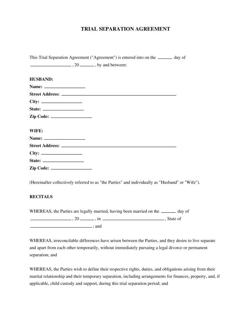 Trial Separation Agreement Preview