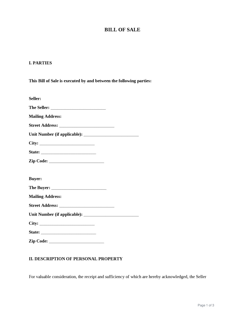Washington Bill of Sale Preview