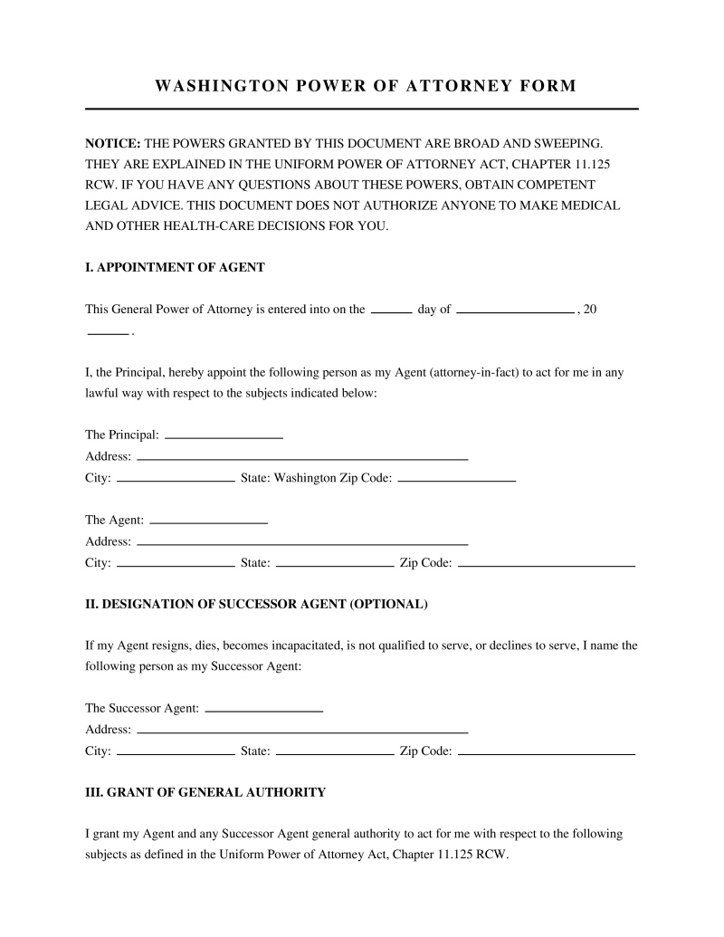Washington Power of Attorney Form Preview