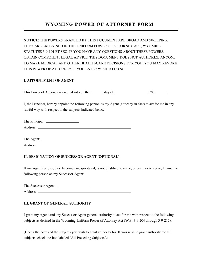 Wyoming Power of Attorney Form Preview