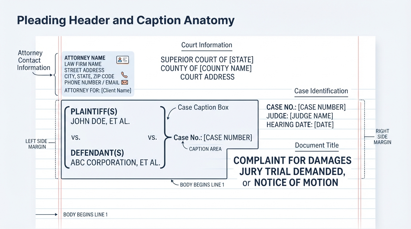 Illustration of the header and caption box layout on a legal pleading.