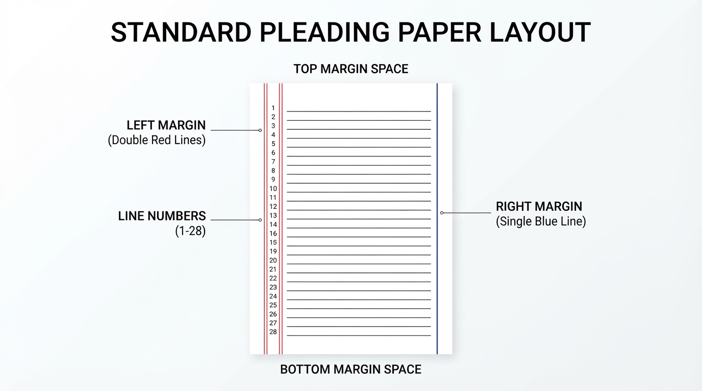 Diagram of standard 28 lined pleading paper layout showing margins and line numbers.