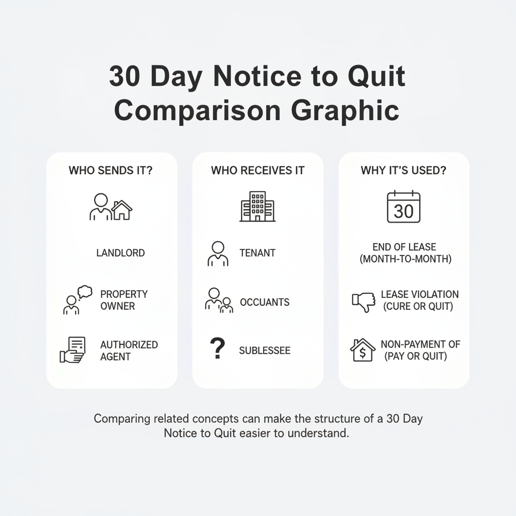 Comparison graphic explaining concepts related to a 30 Day Notice to Quit.