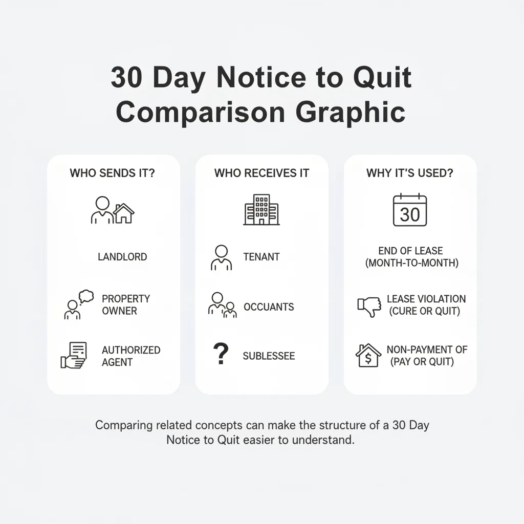 Comparison graphic explaining concepts related to a 30 Day Notice to Quit.
