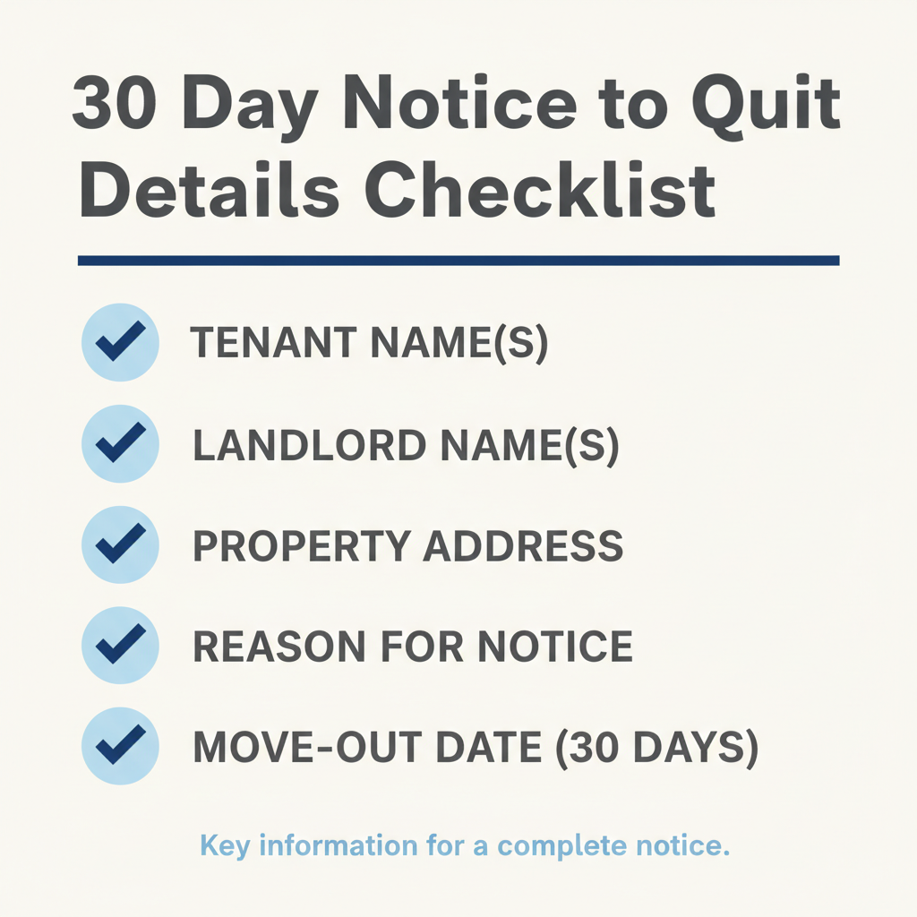 Checklist of details commonly addressed in a 30 Day Notice to Quit.