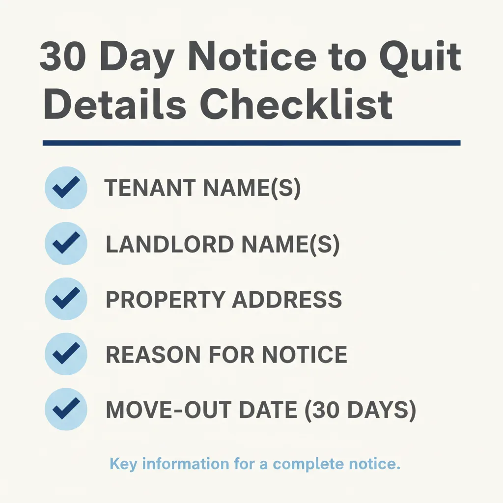 Checklist of details commonly addressed in a 30 Day Notice to Quit.