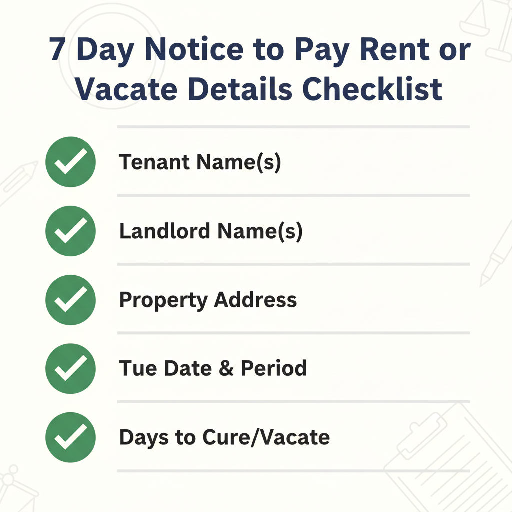 Checklist of details commonly addressed in a 7 Day Notice to Pay Rent or Vacate.