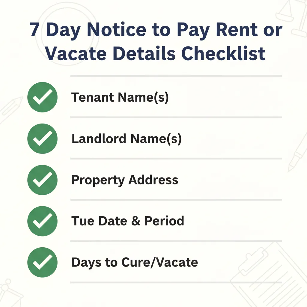 Checklist of details commonly addressed in a 7 Day Notice to Pay Rent or Vacate.