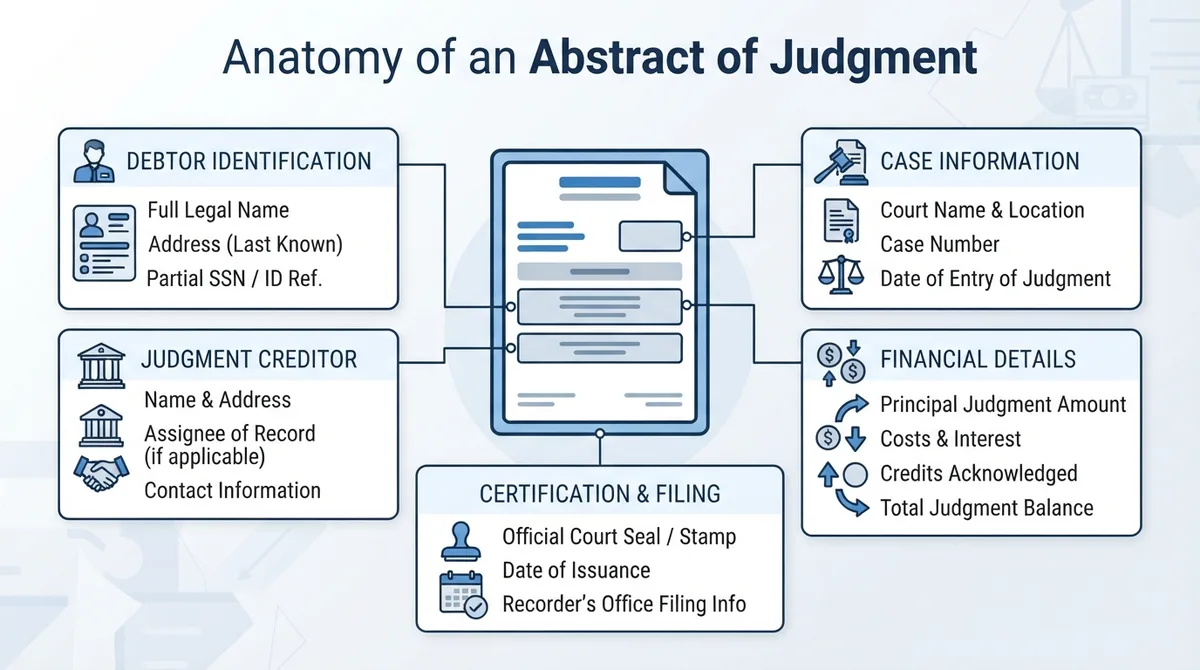 Diagram highlighting the essential information required in a certified court judgment summary.