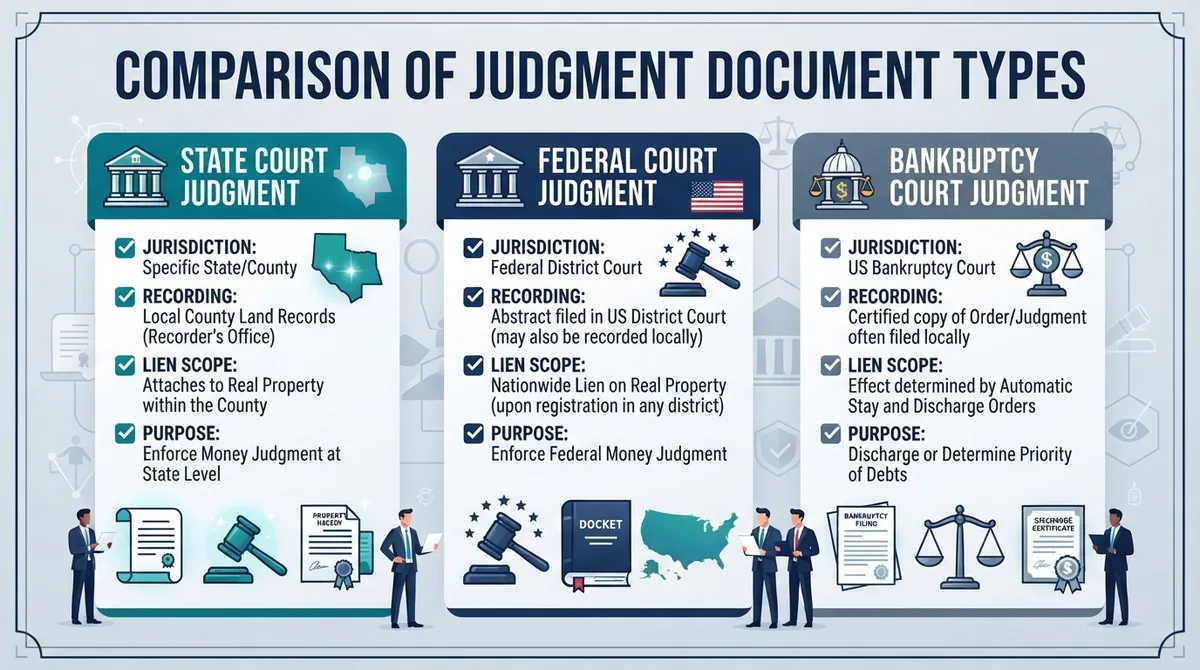 Comparison graphic showing the differences between state, federal, and bankruptcy court judgment documents.
