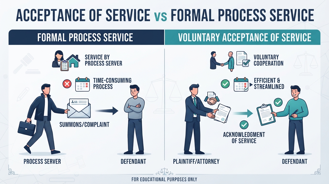 A comparison diagram showing formal process service versus voluntary acceptance of service.