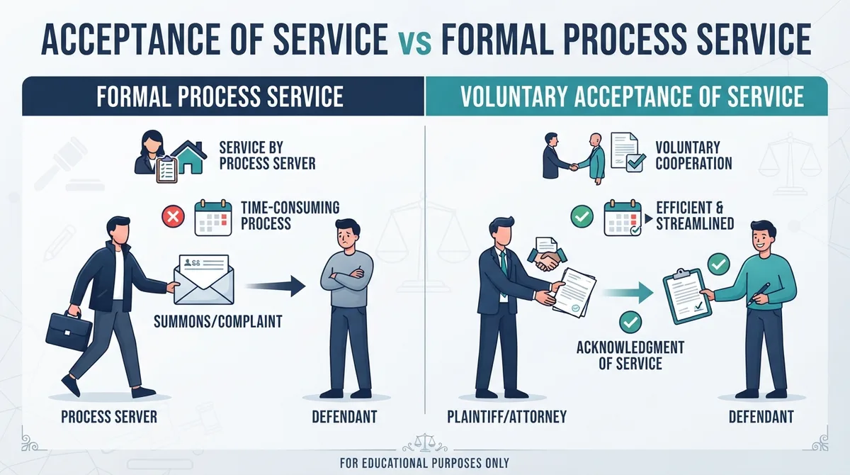 A comparison diagram showing formal process service versus voluntary acceptance of service.